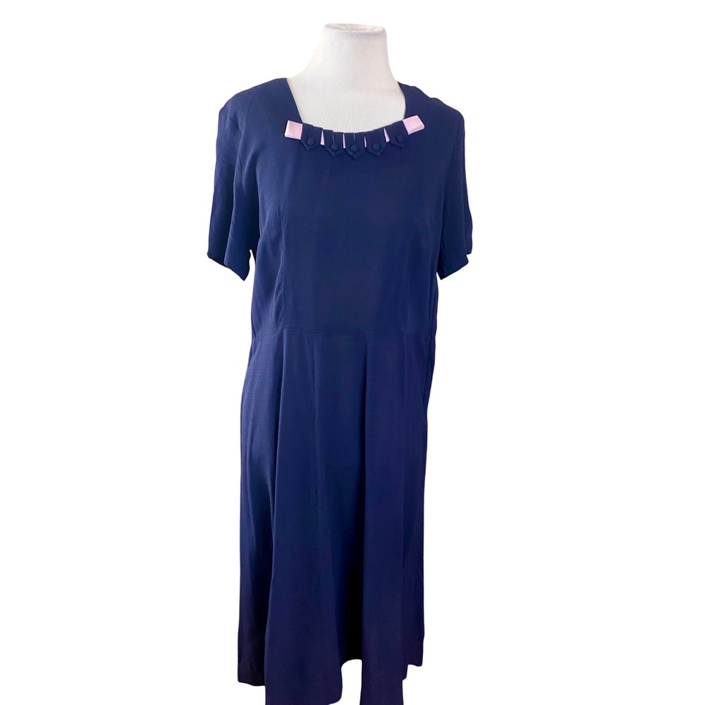 VTG 40's Navy Blue Crepe tea Dress Pink Ribbon Square Neck  Side Zip Sz L